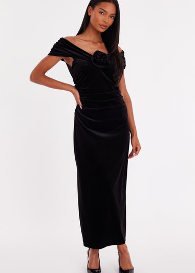 Quiz Black Velvet Corsage Midi Dress