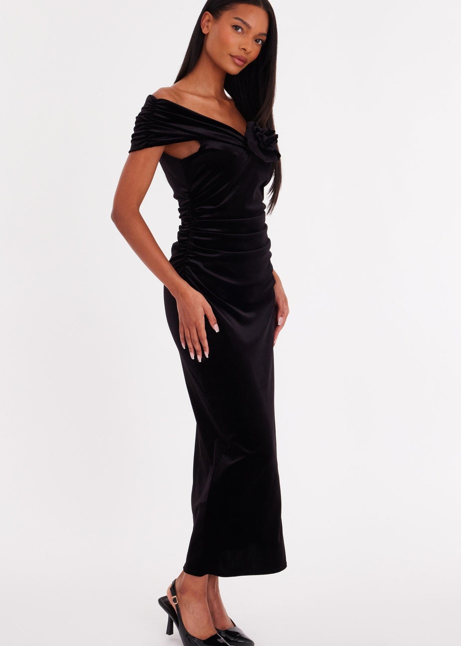 Quiz Black Velvet Corsage Midi Dress