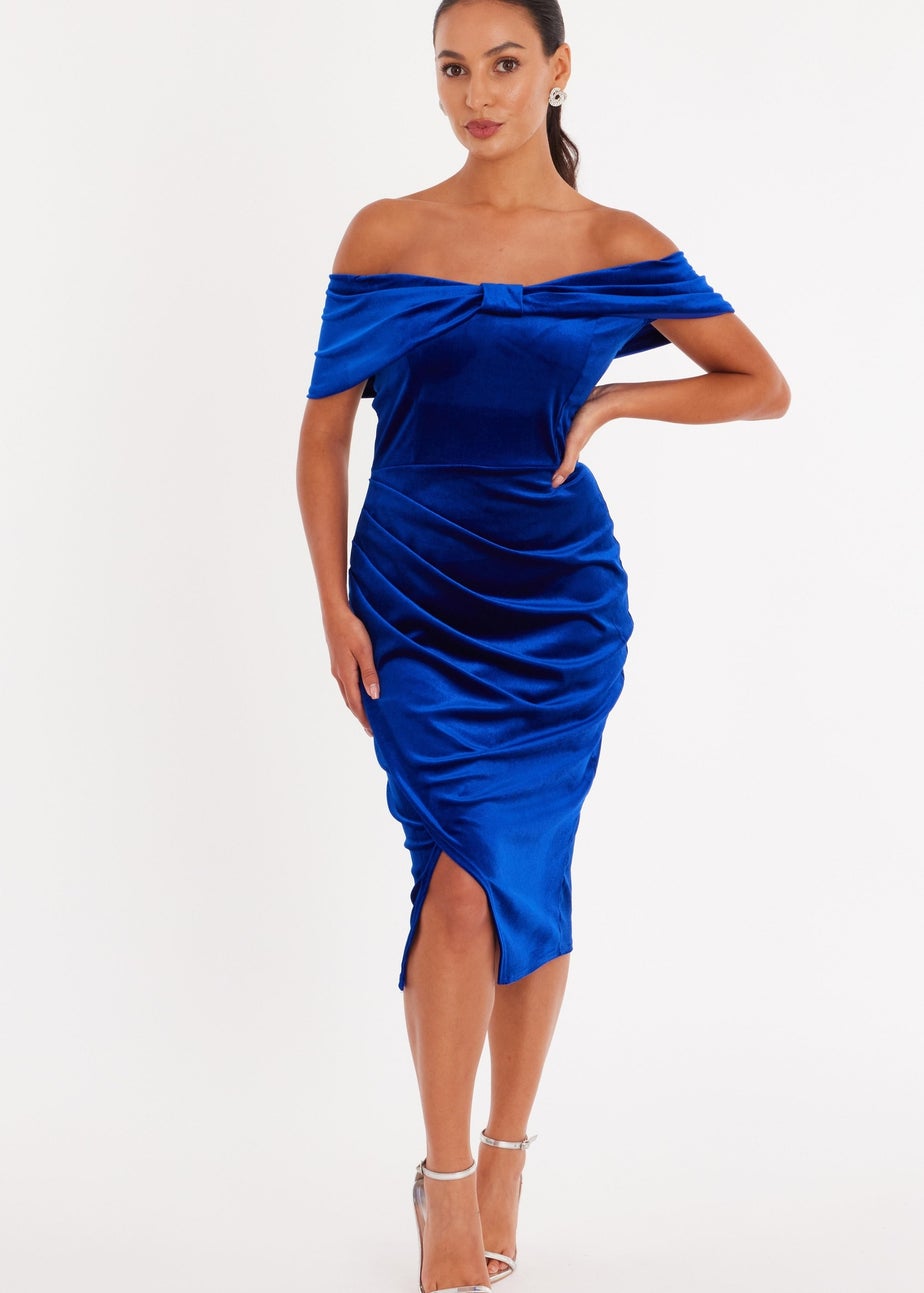Quiz Blue Petite Velvet Bardot Midi Dress