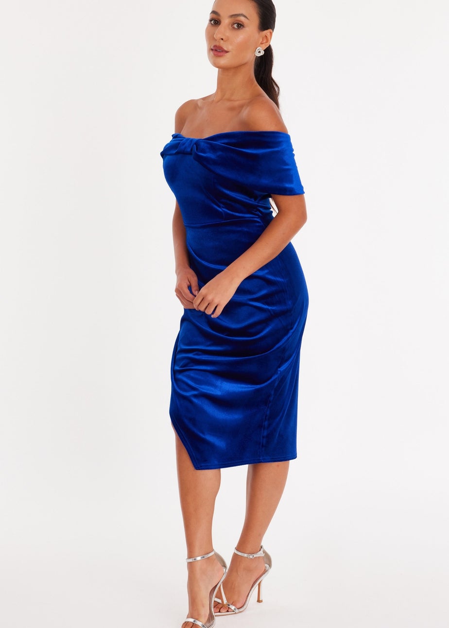 Quiz Blue Petite Velvet Bardot Midi Dress