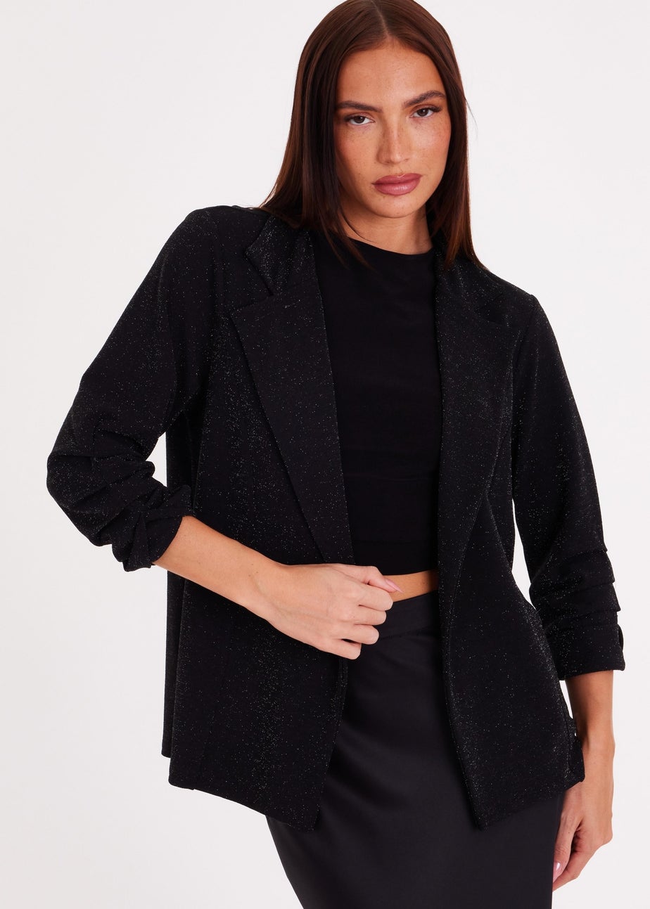 Quiz Black Glitter Ruched Sleeve Blazer