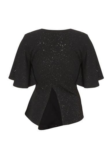 Quiz Black Glitter Twist Front Top