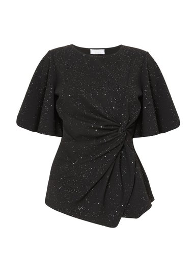 Quiz Black Glitter Twist Front Top