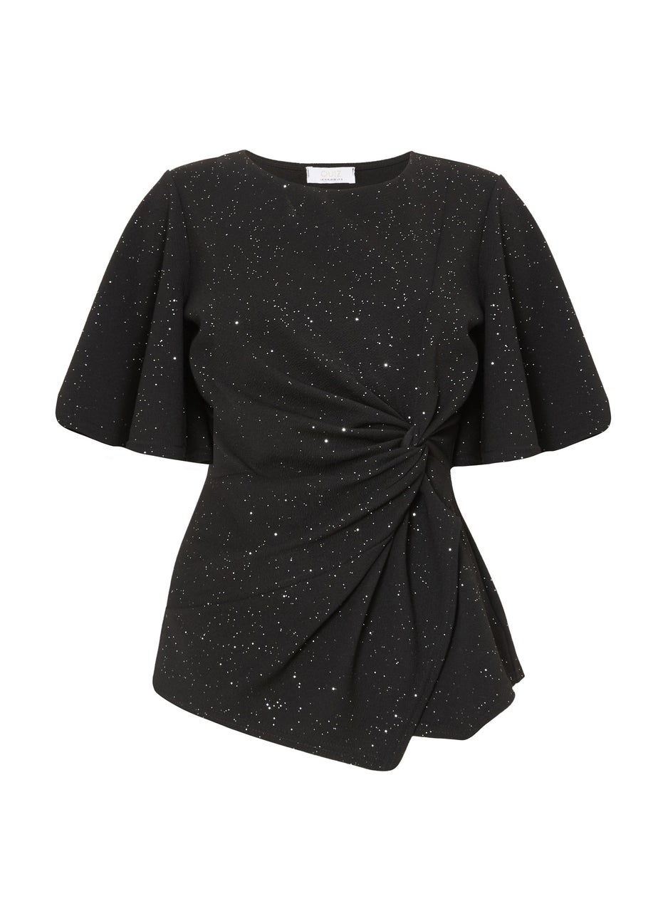 Quiz Black Glitter Twist Front Top