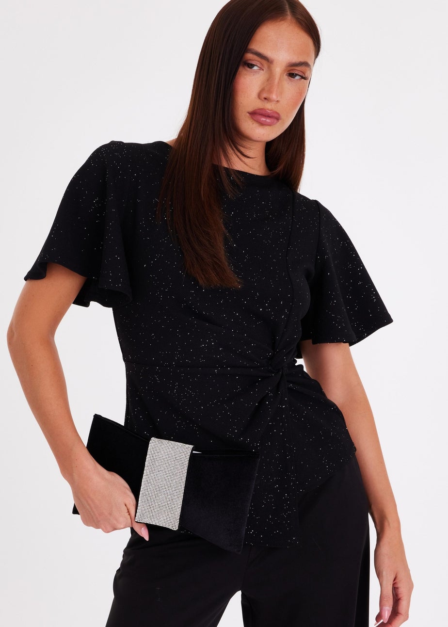 Quiz Black Glitter Twist Front Top