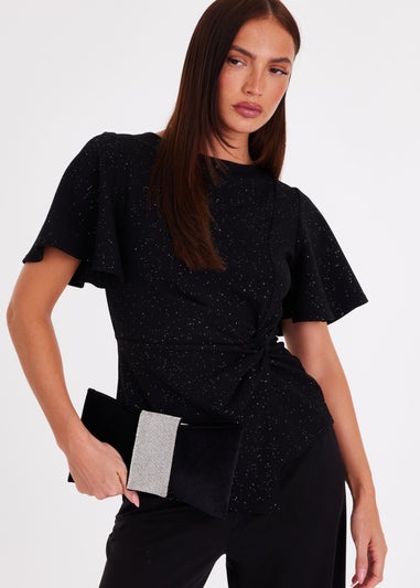Quiz Black Glitter Twist Front Top