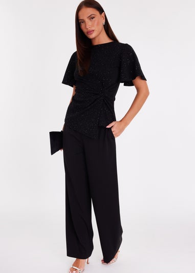 Quiz Black Glitter Twist Front Top