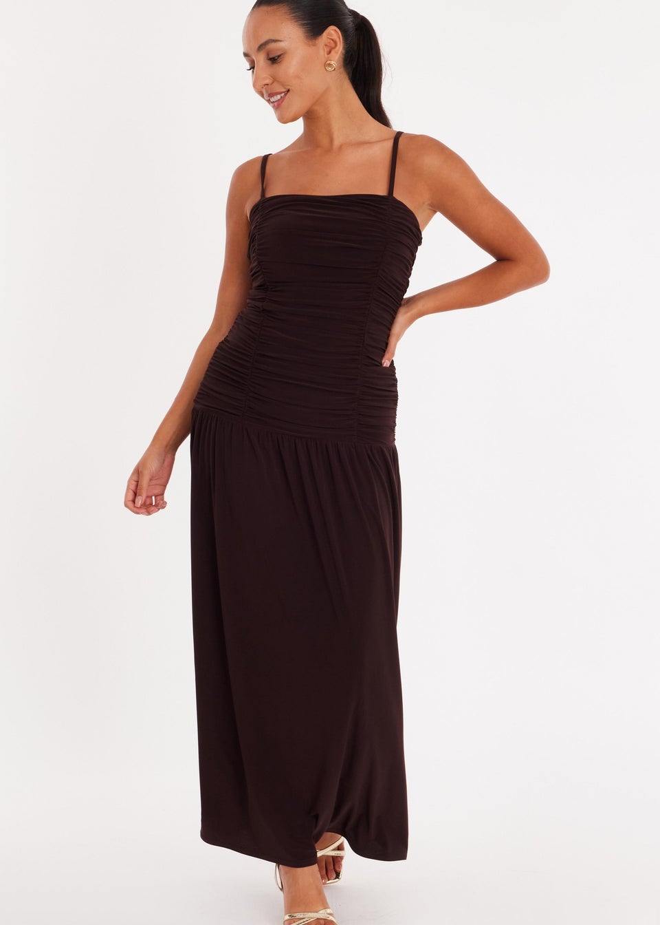 Quiz Brown Petite Drop Waist Maxi Dress