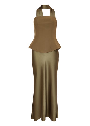 Quiz Green Strapless Satin Skirt Midaxi Dress