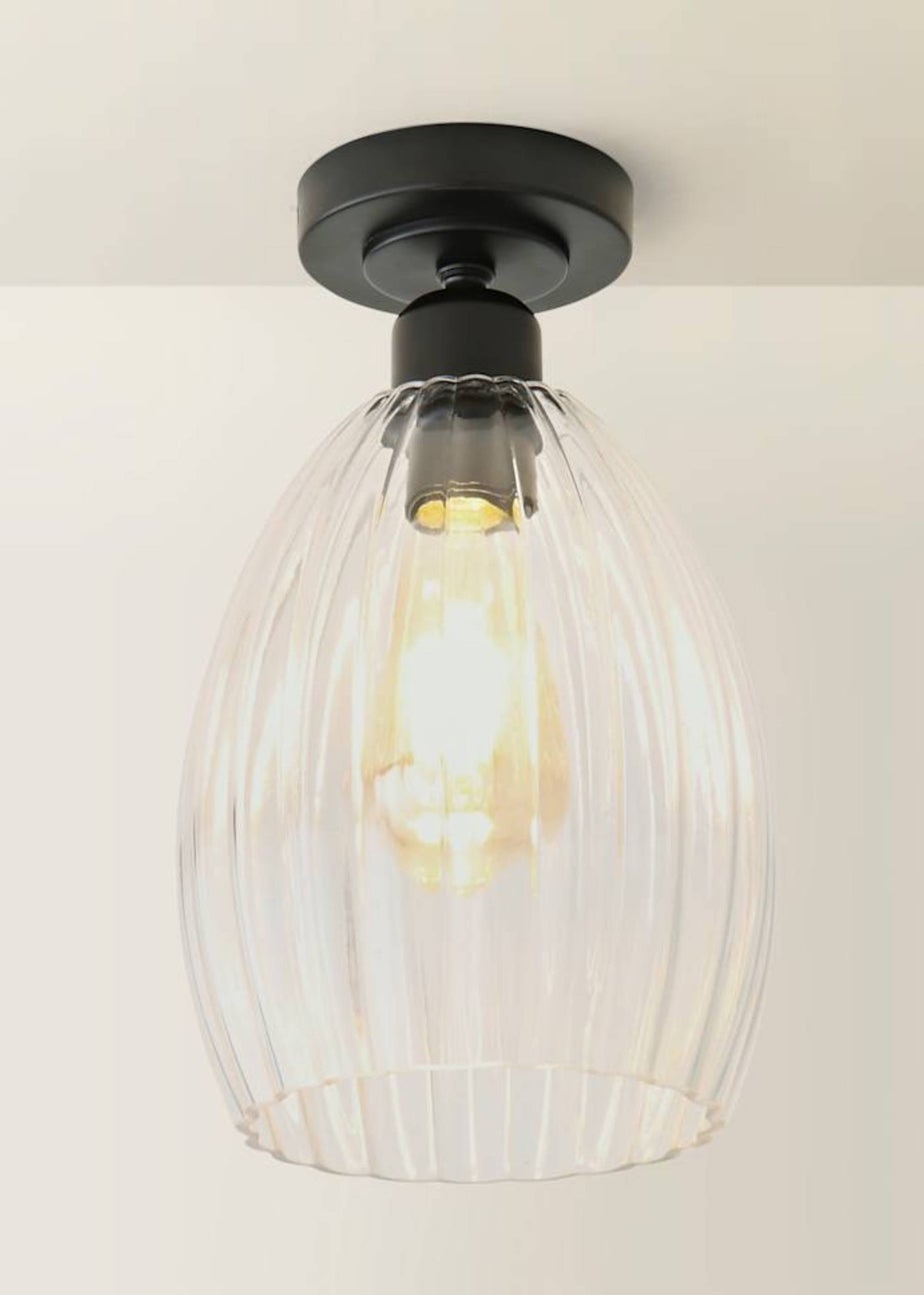 ValueLights Cheltenham Matte Black Flush Ceiling Light Ribbed Shade