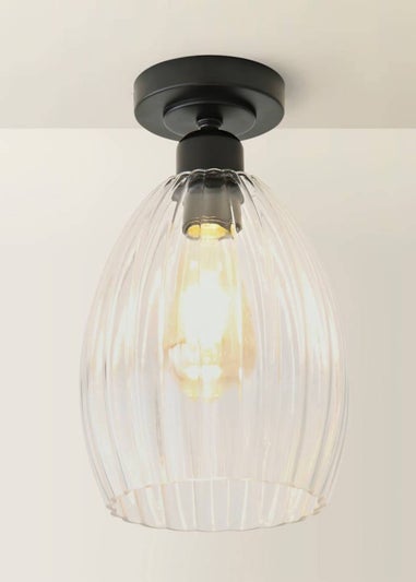 ValueLights Cheltenham Matte Black Flush Ceiling Light Ribbed Shade