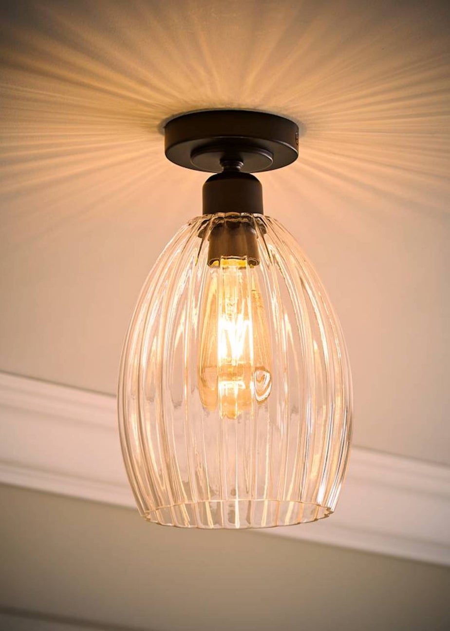 ValueLights Cheltenham Matte Black Flush Ceiling Light Ribbed Shade