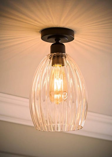 ValueLights Cheltenham Matte Black Flush Ceiling Light Ribbed Shade