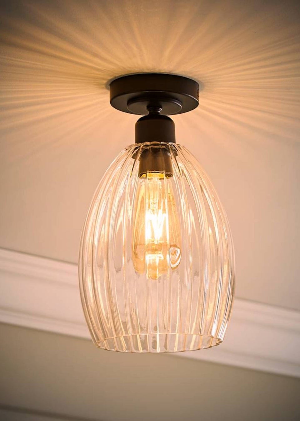 ValueLights Cheltenham Matte Black Flush Ceiling Light Ribbed Shade