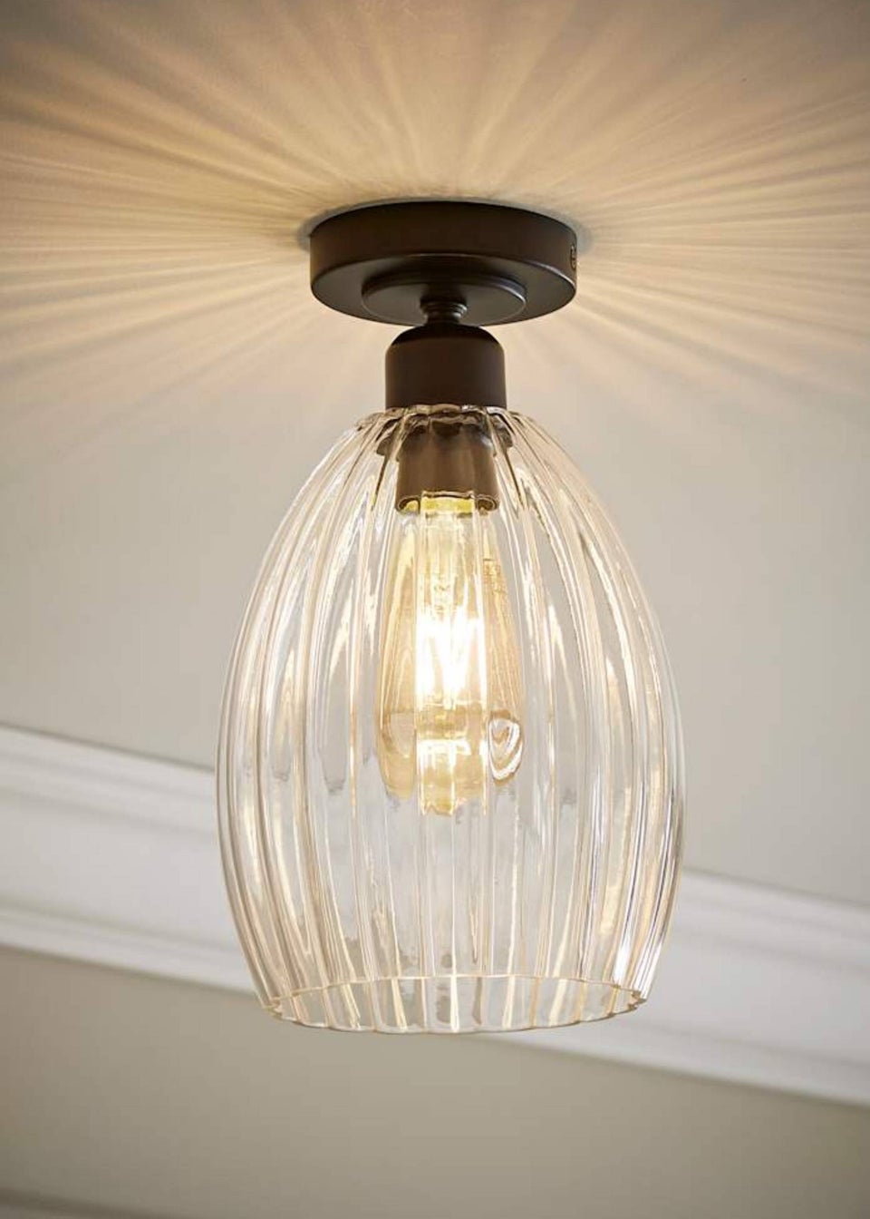 ValueLights Cheltenham Matte Black Flush Ceiling Light Ribbed Shade