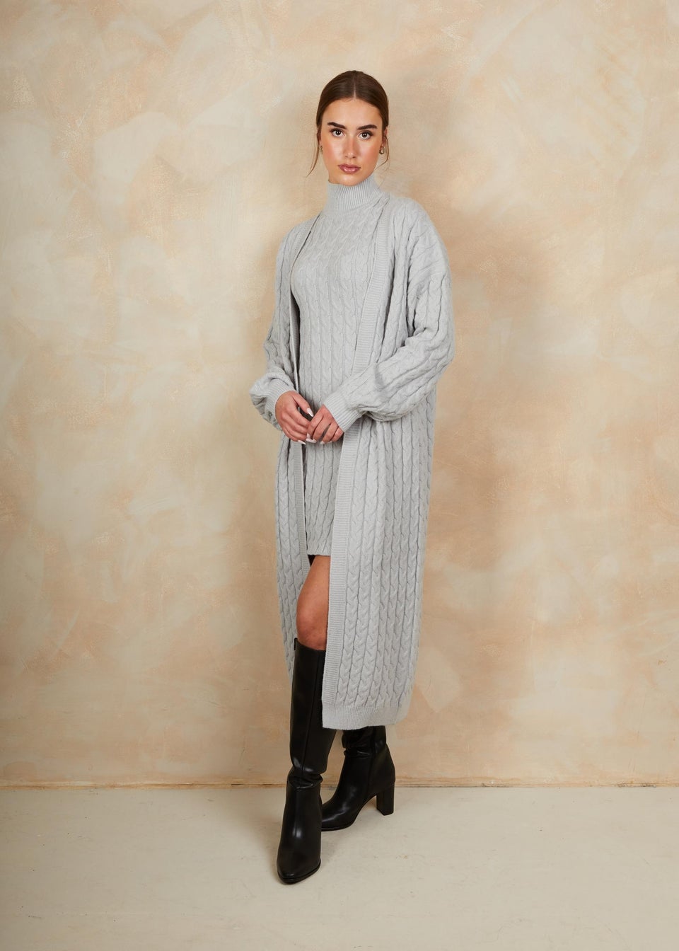 Chi Chi London Grey All-Over Knitted Cable Longline Cardigan
