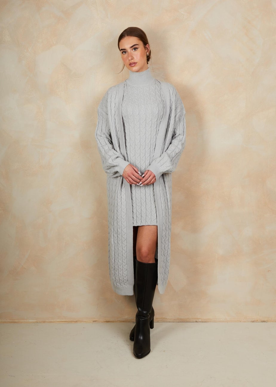 Chi Chi London Grey All-Over Knitted Cable Longline Cardigan