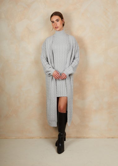 Chi Chi London Grey All-Over Knitted Cable Longline Cardigan