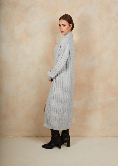 Chi Chi London Grey All-Over Knitted Cable Longline Cardigan