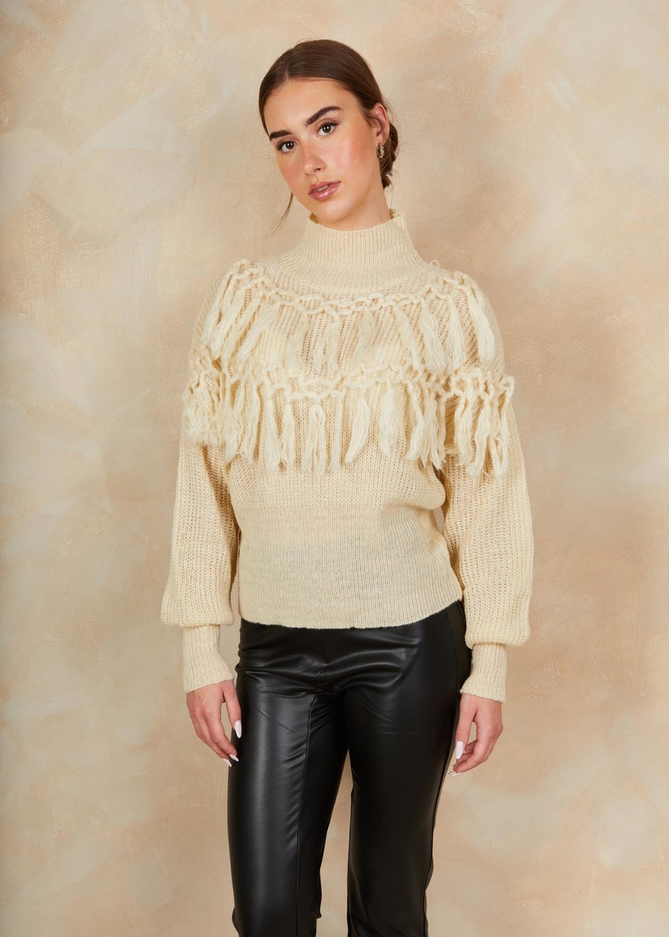 Chi Chi London Cream High Neck Tassel Detail Jumper