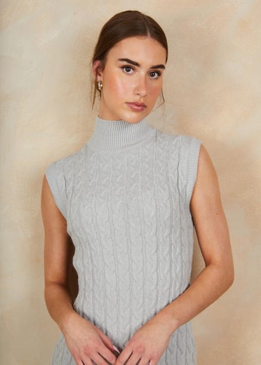 Chi Chi London Grey All-Over Knitted Cable High Neck Mini Dress