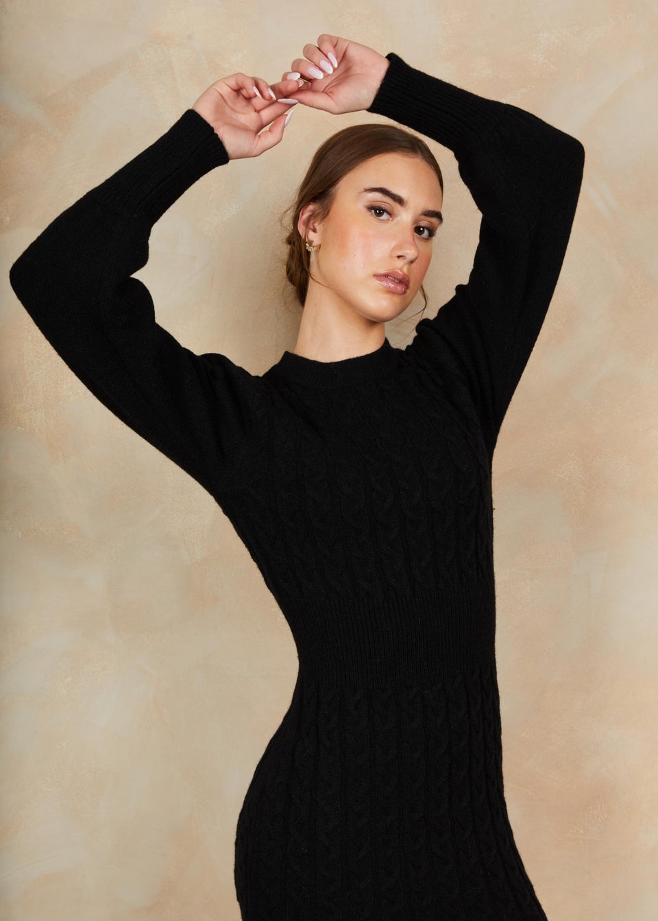 Chi Chi London Black Balloon Sleeve Cable Knit Mini Jumper Dress
