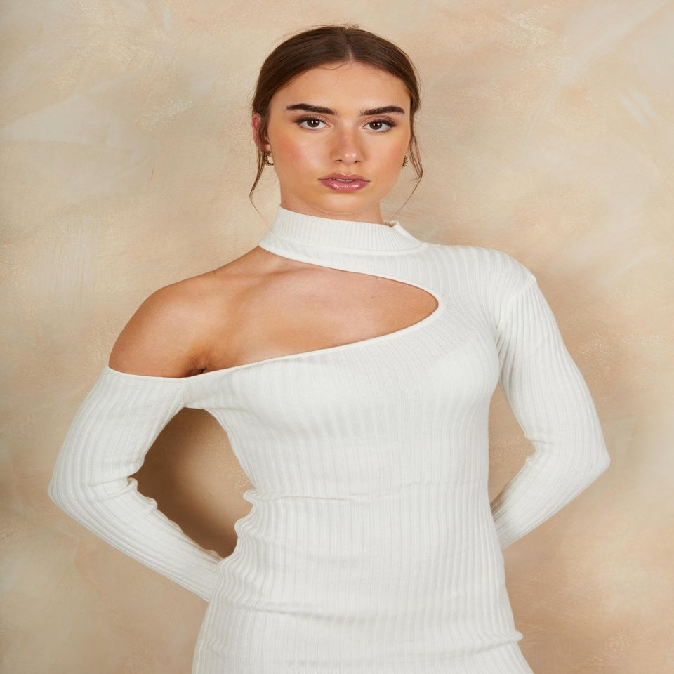 Chi Chi London White Cut Out Long Sleeve Knitted Rib Dress