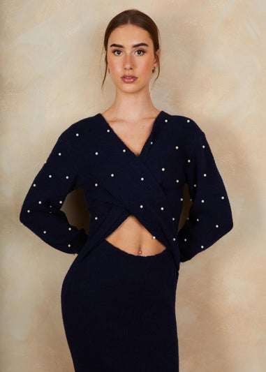 Chi Chi London Navy Pearl Detail Twist Front Knitted Midi Dress