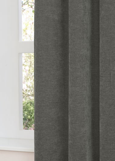 Furn Soft Chenille Blackout Pencil Pleat Curtain Pair Charcoal Grey