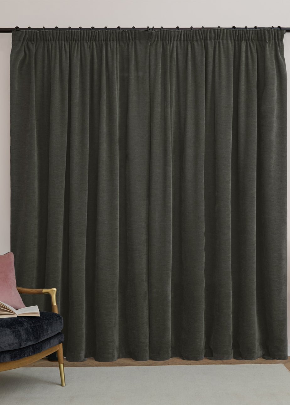 Furn Soft Chenille Blackout Pencil Pleat Curtain Pair Charcoal Grey