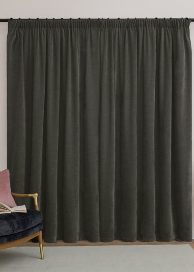 Furn Soft Chenille Blackout Pencil Pleat Curtain Pair Charcoal Grey