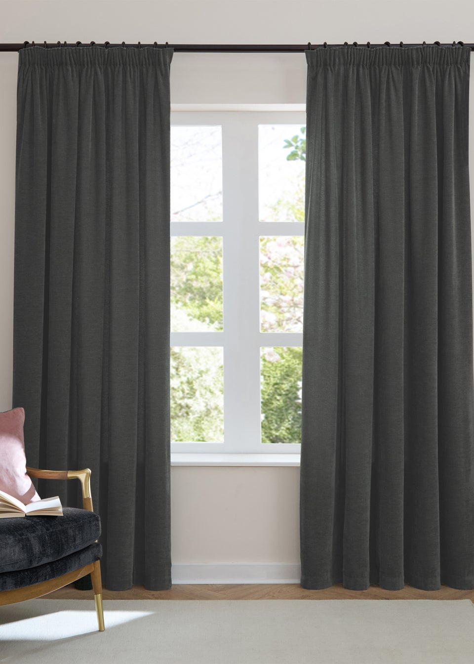 Furn Soft Chenille Blackout Pencil Pleat Curtain Pair Charcoal Grey