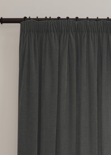 Furn Soft Chenille Blackout Pencil Pleat Curtain Pair Charcoal Grey