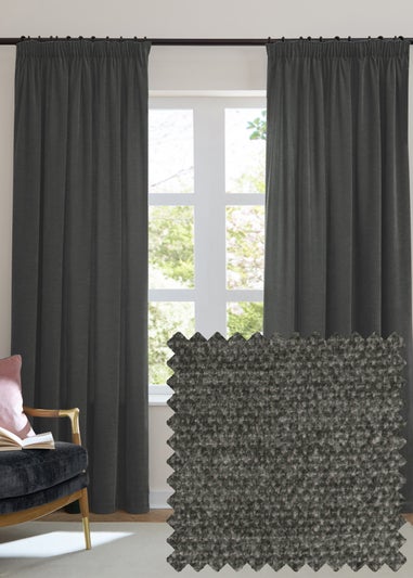 Furn Soft Chenille Blackout Pencil Pleat Curtain Pair Charcoal Grey