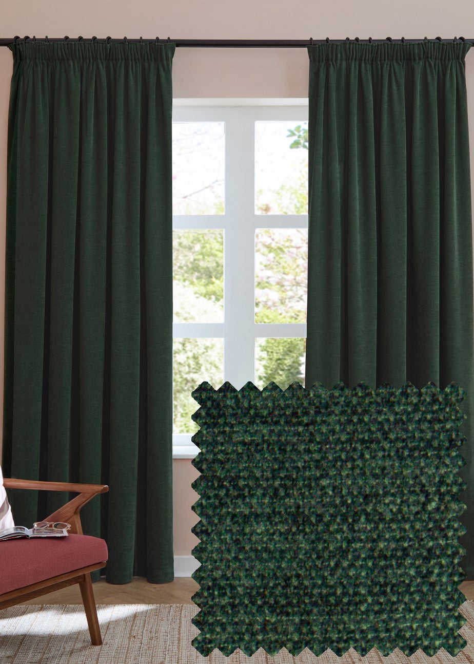 Furn Soft Chenille Blackout Pencil Pleat Curtain Pair Bottle Green