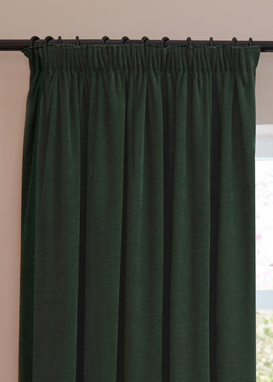 Furn Soft Chenille Blackout Pencil Pleat Curtain Pair Bottle Green