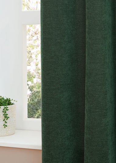 Furn Soft Chenille Blackout Pencil Pleat Curtain Pair Bottle Green