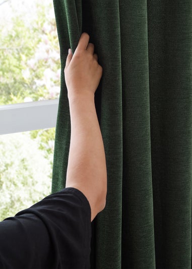 Furn Soft Chenille Blackout Pencil Pleat Curtain Pair Bottle Green