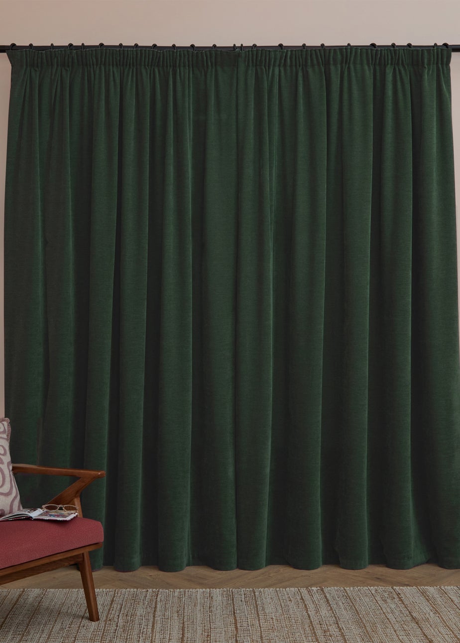 Furn Soft Chenille Blackout Pencil Pleat Curtain Pair Bottle Green
