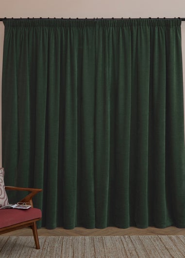 Furn Soft Chenille Blackout Pencil Pleat Curtain Pair Bottle Green
