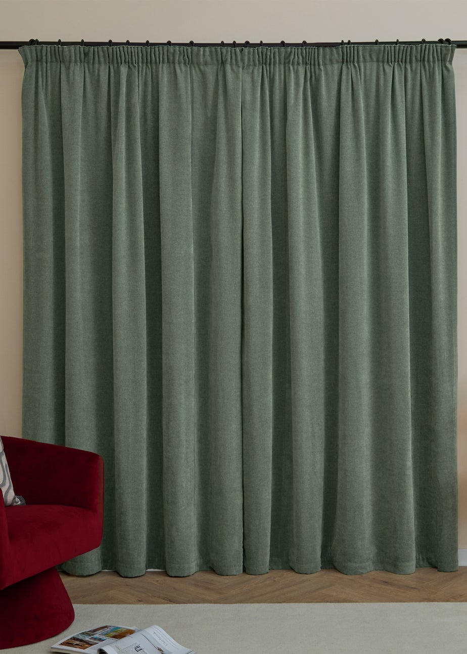 Furn Soft Chenille Blackout Pencil Pleat Curtain Pair Green