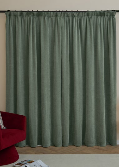 Furn Soft Chenille Blackout Pencil Pleat Curtain Pair Green