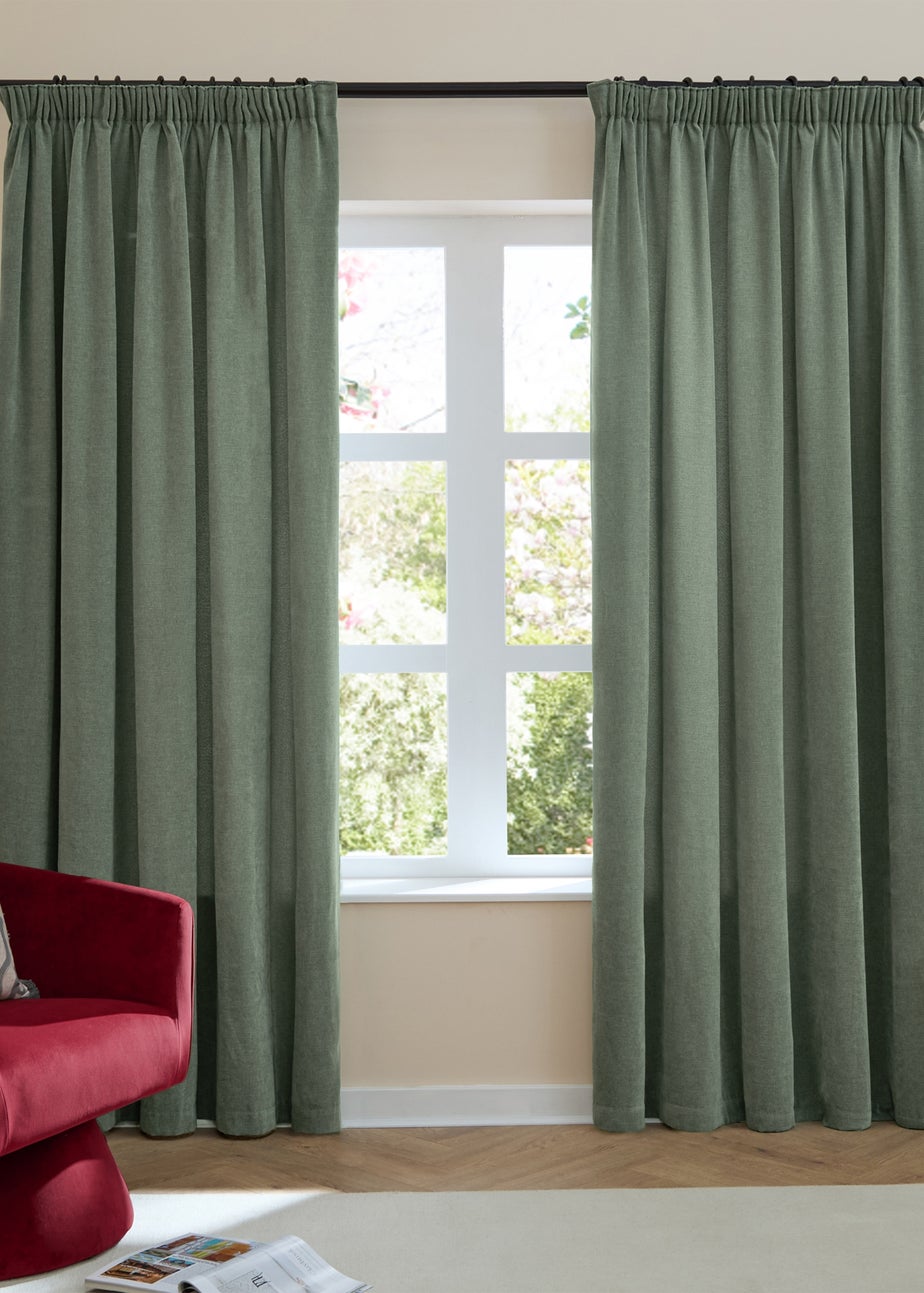 Furn Soft Chenille Blackout Pencil Pleat Curtain Pair Green