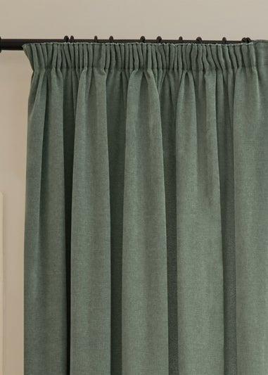 Furn Soft Chenille Blackout Pencil Pleat Curtain Pair Green