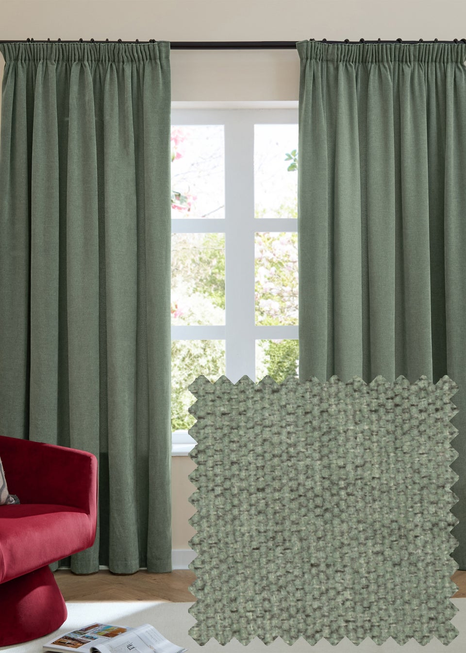 Furn Soft Chenille Blackout Pencil Pleat Curtain Pair Green
