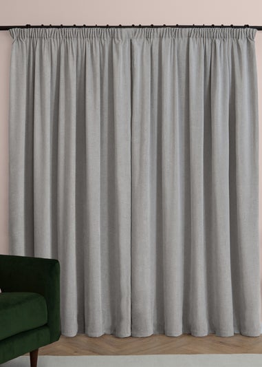 Furn Soft Chenille Blackout Pencil Pleat Curtain Pair Silver