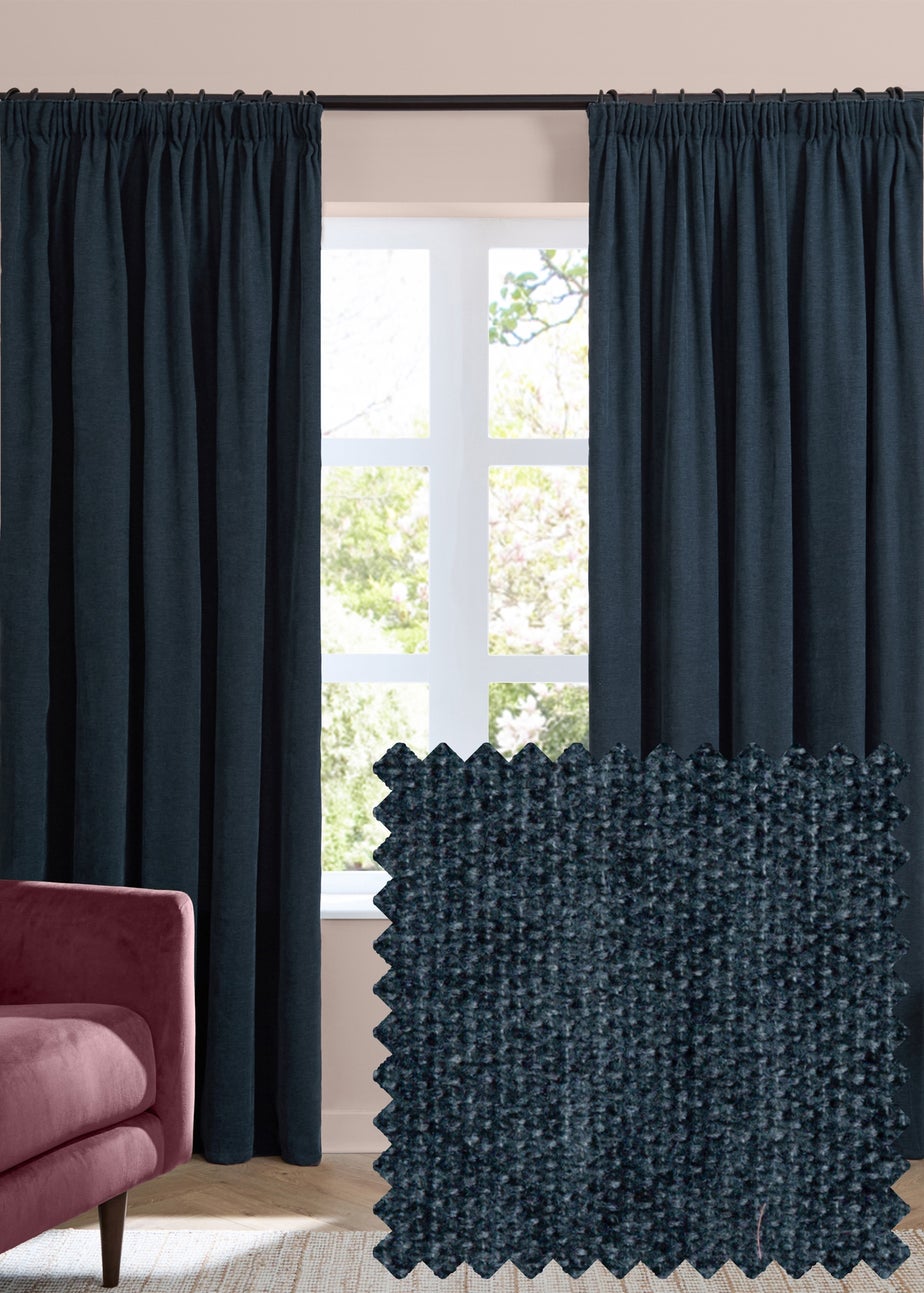 Furn Soft Chenille Blackout Pencil Pleat Curtain Pair Navy