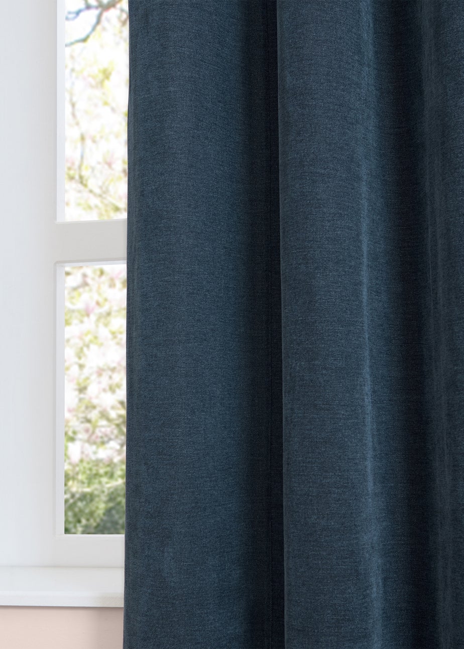 Furn Soft Chenille Blackout Pencil Pleat Curtain Pair Navy