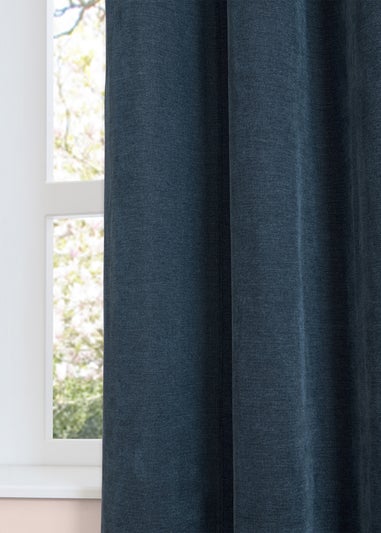 Furn Soft Chenille Blackout Pencil Pleat Curtain Pair Navy