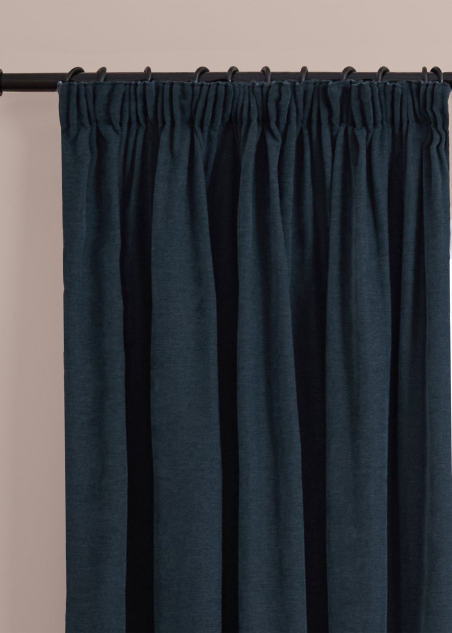 Furn Soft Chenille Blackout Pencil Pleat Curtain Pair Navy
